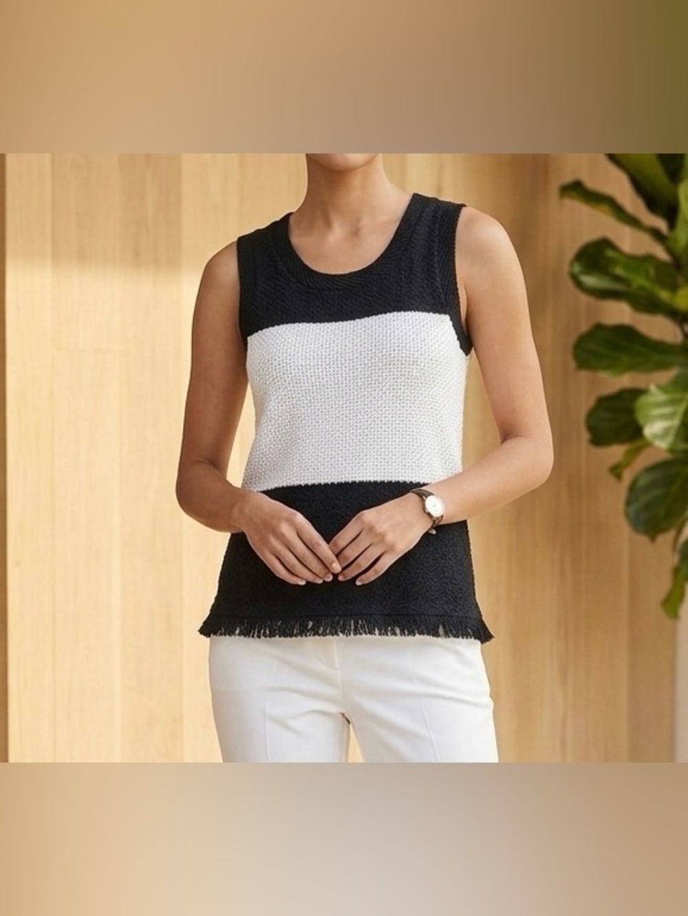 NWT Ann Taylor Colorblock Knit Sweater Tank Top XS Black White Fringe Vest